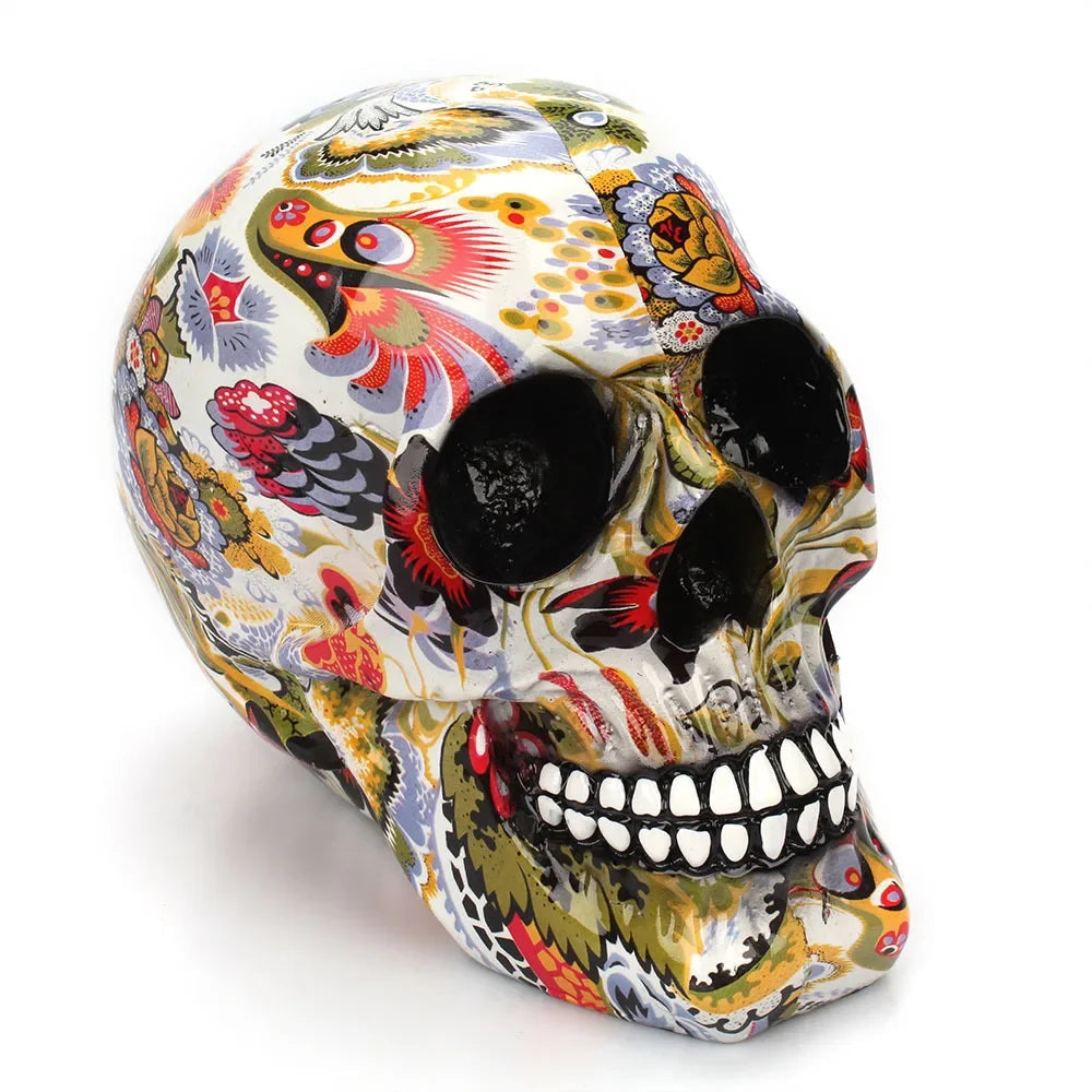 Resin Halloween skull decoration with geometric painted accents