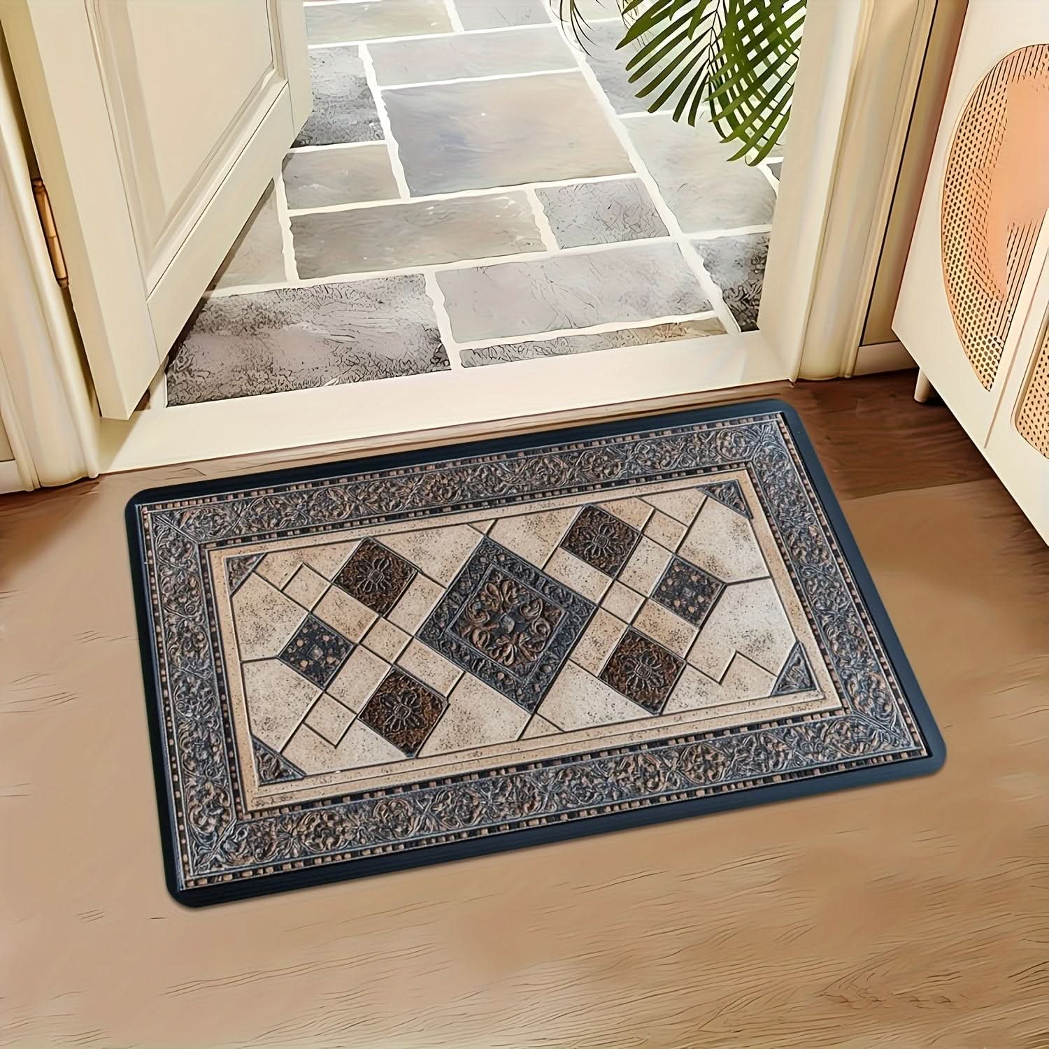 Machine Washable Geometric Border Entryway Mat | 3 Sizes 15.75-47.24 In | Non-Slip Door Mat for High-Traffic Areas