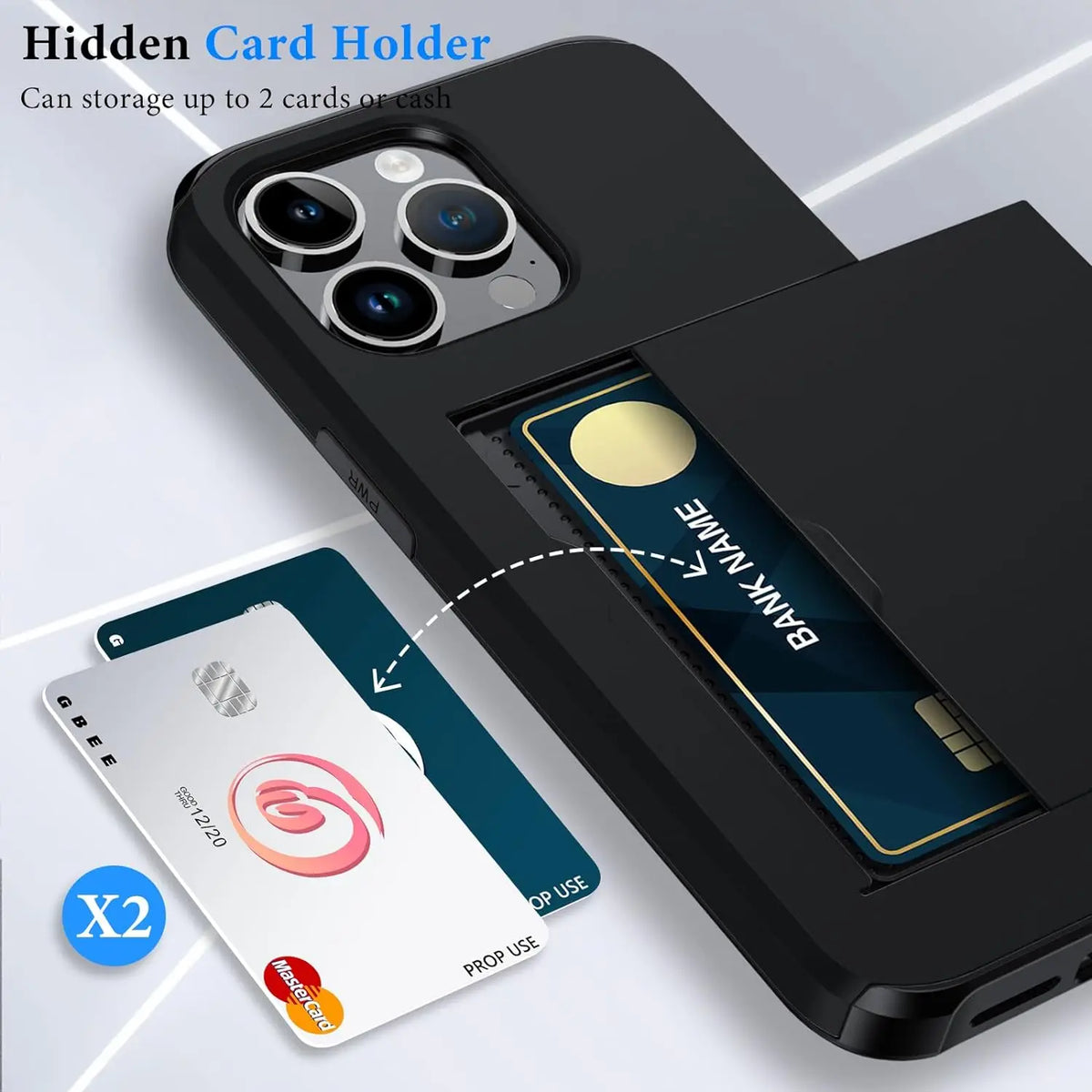 Slim Phone Case with Hidden Card Slot for iPhone 11 to 15 Pro Max | Shockproof TPU and Polycarbonate | 5 Colors