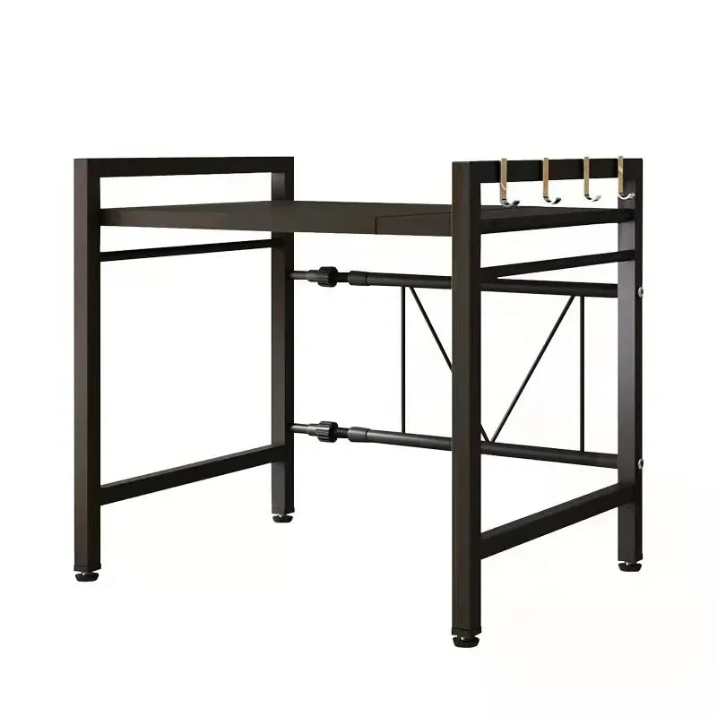 Expandable Two-Tier Microwave Rack with Four Hooks | Carbon Steel Shelves for Kitchen Counters | 17 to 25 in Wide