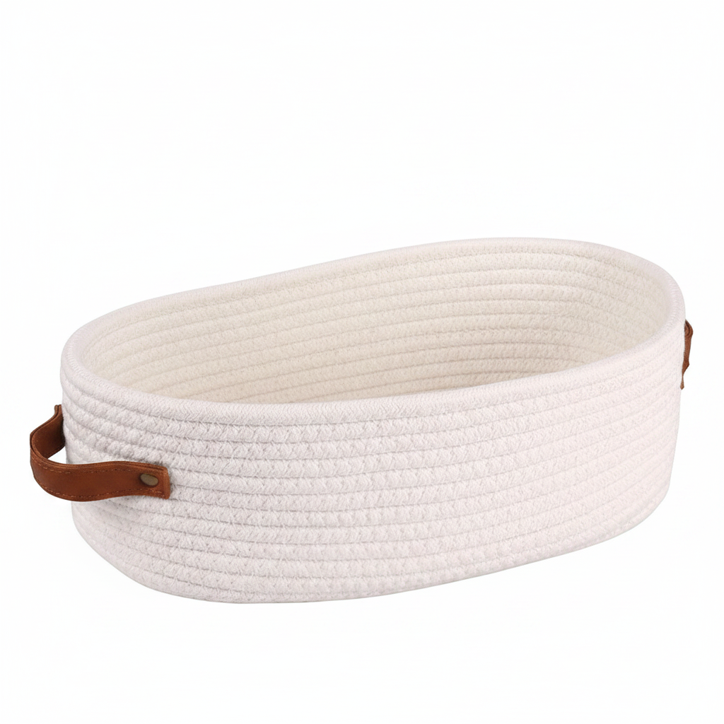 Oval Woven Storage Basket 4.7 x 13 x 3.9 In | Cotton Rope Weave | White, Blue, Khaki & Grey | Lightweight Bathroom Organizer