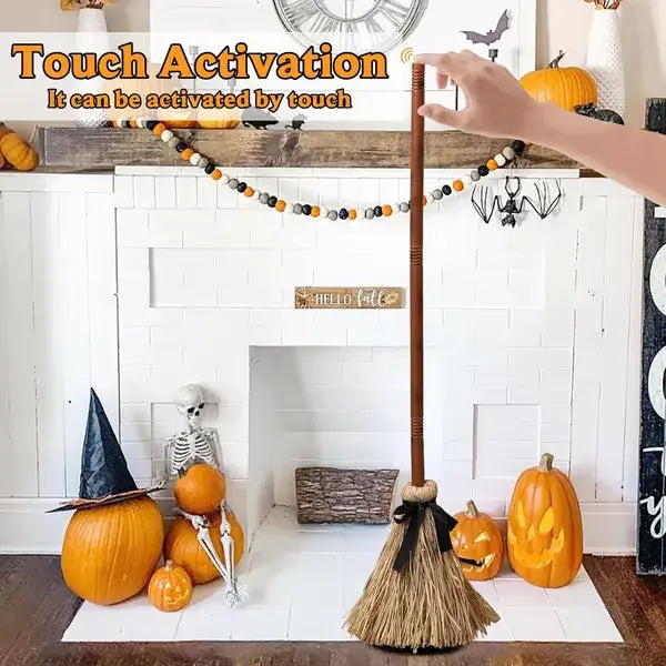 Sound and touch activated floating witch broom decoration