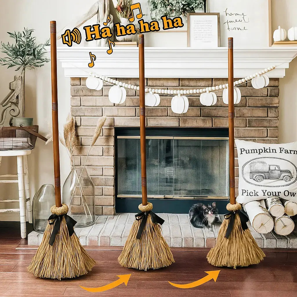 Floating witch broom Halloween prop hovering above the floor