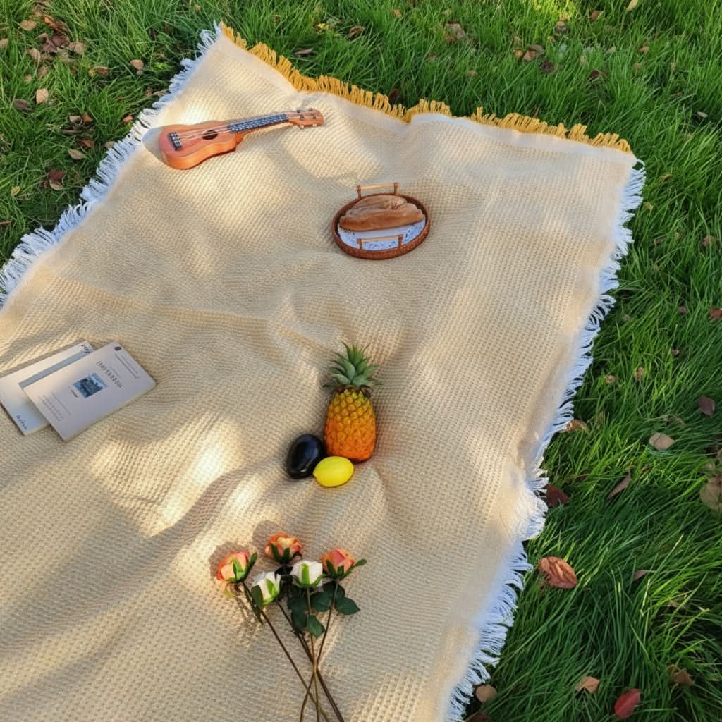 Foldable Woven Picnic Mat in 5 Sizes | Plaid Pattern with Tassel Trim | Lightweight Comfort for Camping, Beach & Travel