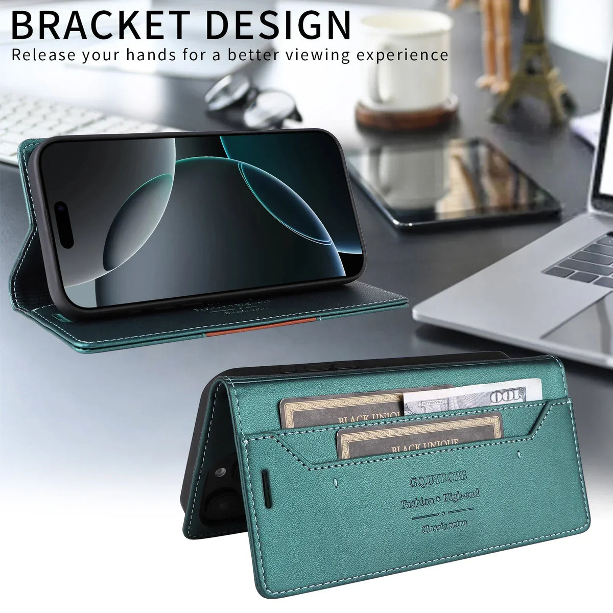 RFID Blocking Wallet Phone Case for iPhone 16 and 15 Series | Magnetic Flap with Card and Cash Slots | Built In Stand