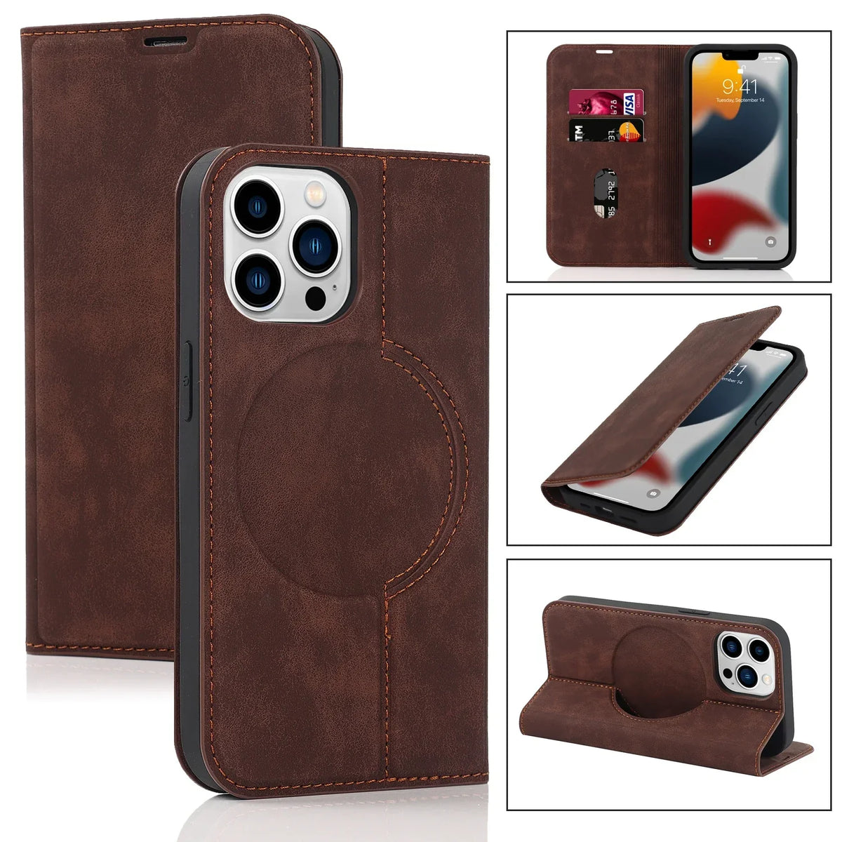 Wallet Phone Case for iPhone 12 to 15 | Two Card Slots and a SIM Pocket in PU Leather | MagSafe Compatible, Six Colors
