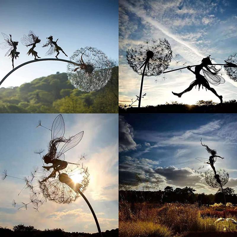 Fairy and Dandelion Garden Statue in Metal | Outdoor Lawn Decoration on Stakes, 75 cm Tall, Eight Designs