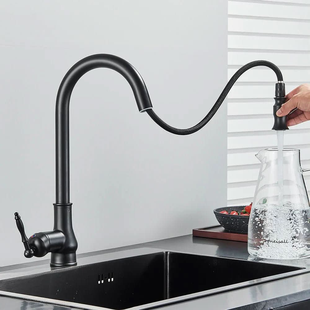 Pull-Out High-Arc Kitchen Faucet Antique Brass Design | Bronze or Black | Flexible Spray for Washing & Rinsing