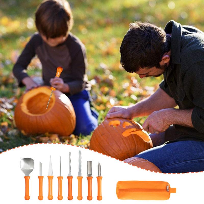 Pumpkin carving set tools arranged next to the storage bag