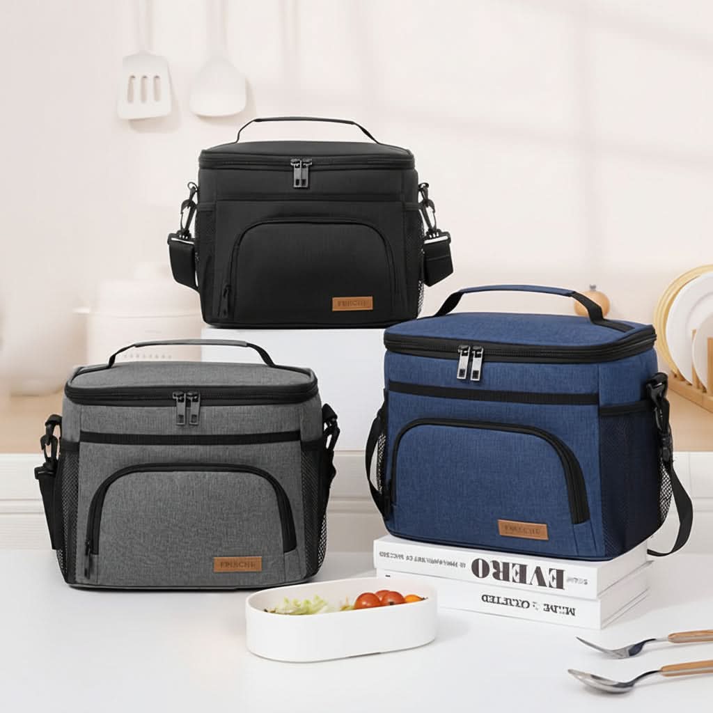 Large Insulated Lunch Tote Bag | Black, Navy or Gray | Adjustable Strap & Zipper Closure for Work, School & Travel