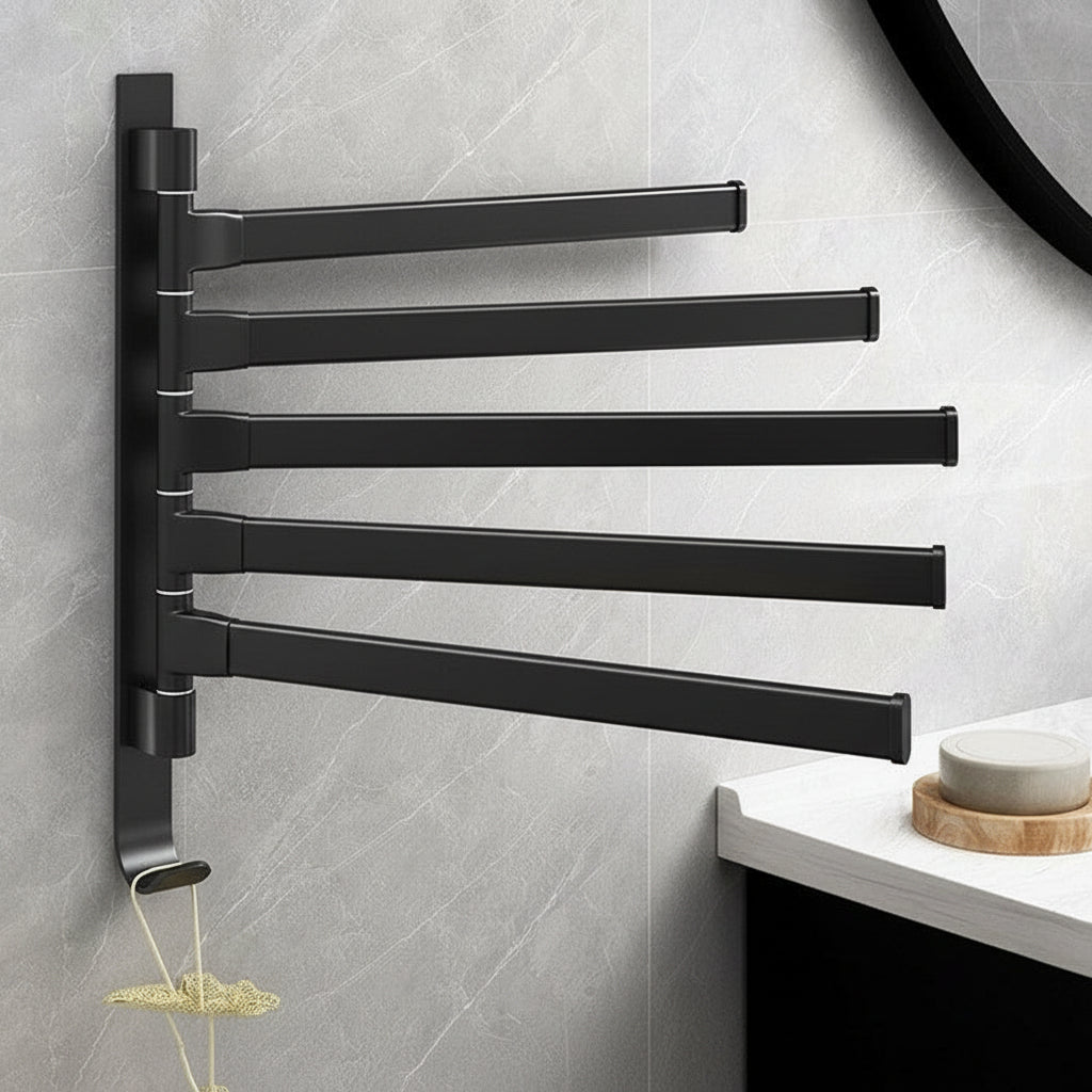 BATHSWING – Matte black towel holder with 5 swivel arms for compact bathroom storage