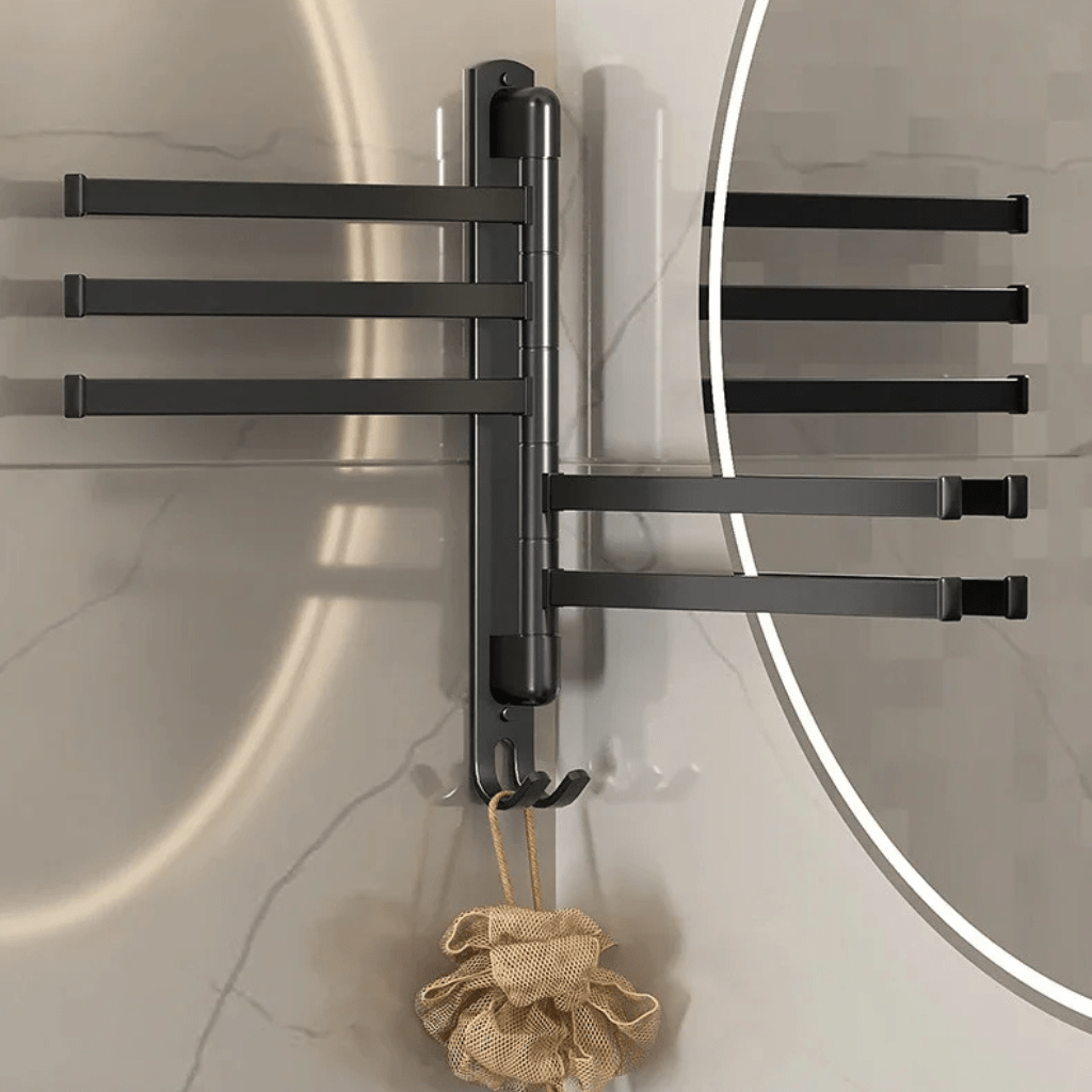 BATHSWING – Matte black towel holder with 5 swivel arms for compact bathroom storage