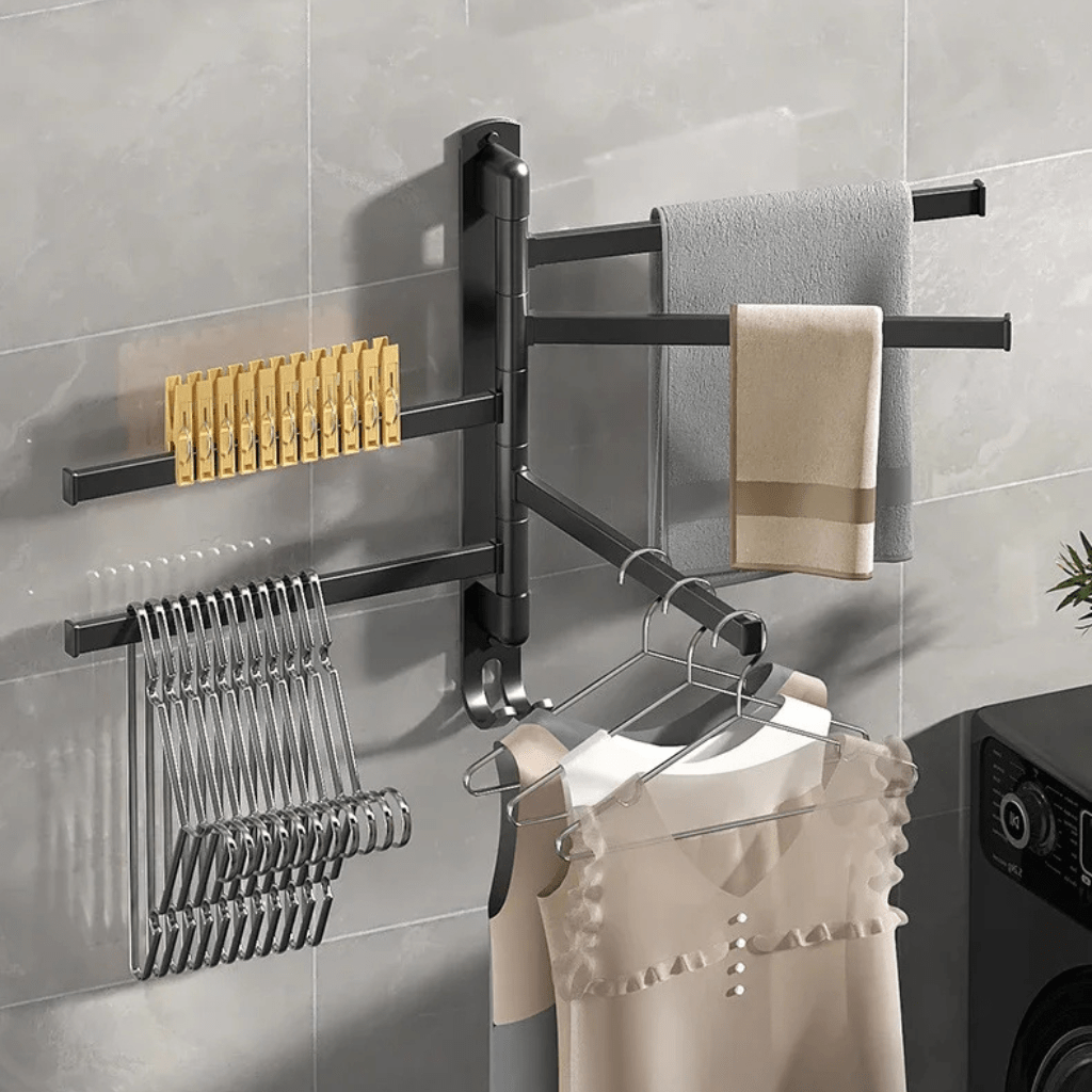 BATHSWING – Matte black towel holder with 5 swivel arms for compact bathroom storage