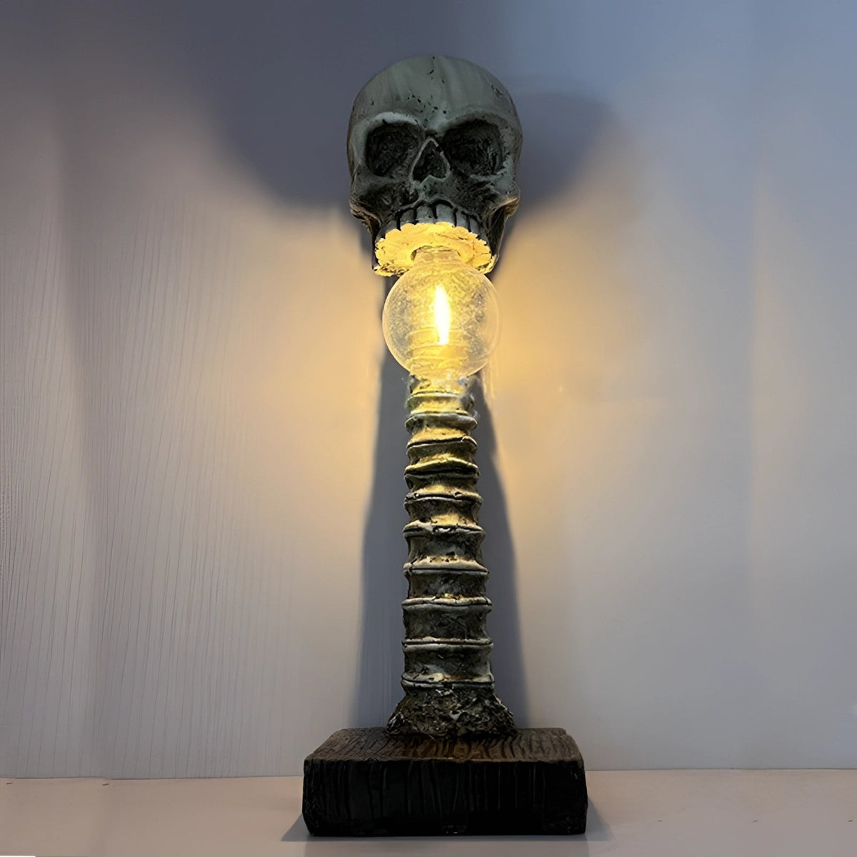Eerie skull and spine lamp lighting an indoor shelf