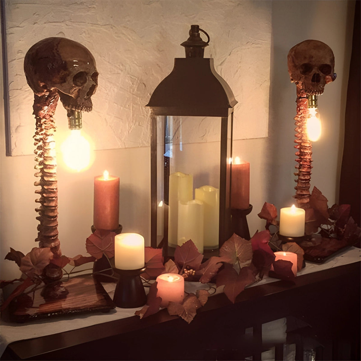 Skull and spine table lamp shown as a living room centerpiece