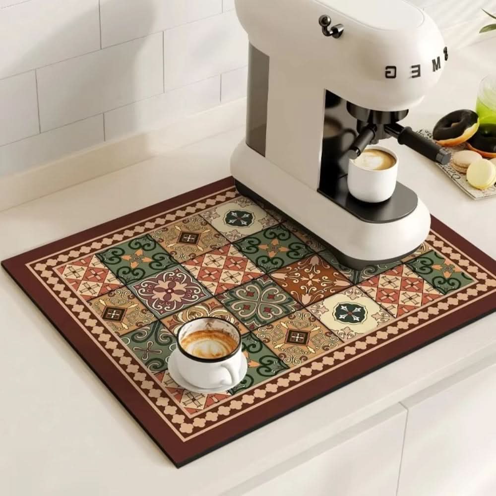 Retro Absorbent Coffee Bar Mat with Non-Slip Rubber Base | 14 Patterns, 2 Sizes | Quick-Dry Spill Control for Counters