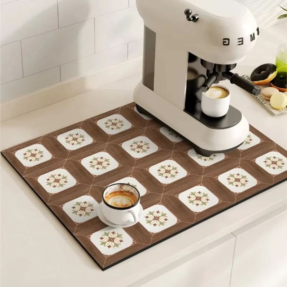 Retro Absorbent Coffee Bar Mat with Non-Slip Rubber Base | 14 Patterns, 2 Sizes | Quick-Dry Spill Control for Counters