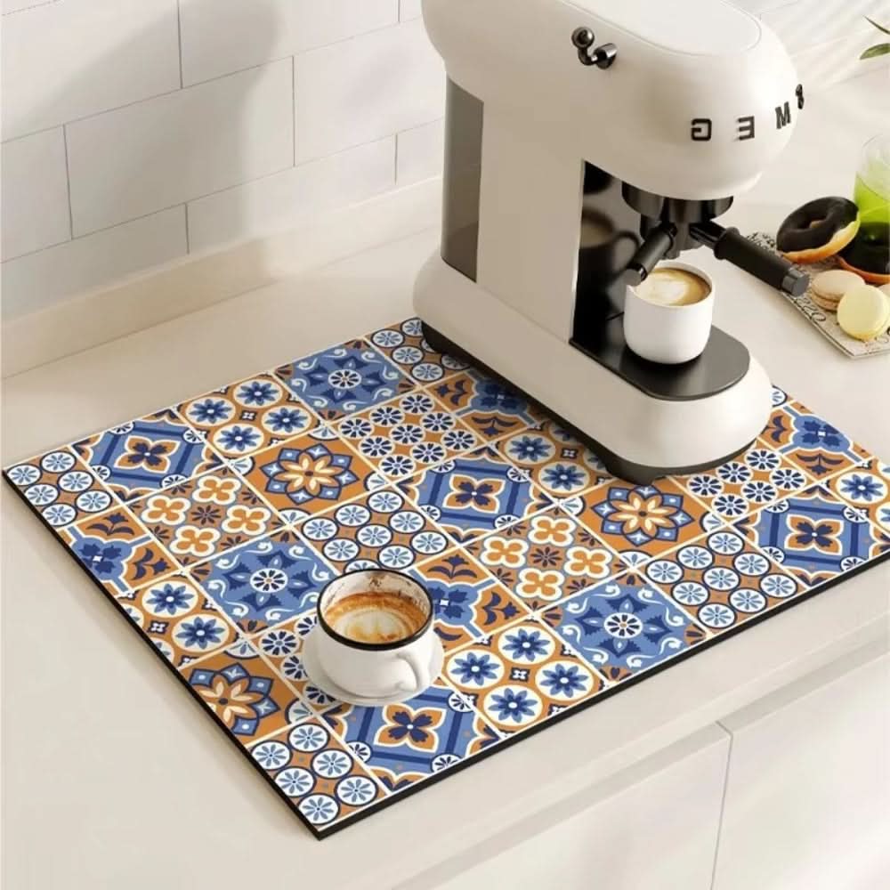 Retro Absorbent Coffee Bar Mat with Non-Slip Rubber Base | 14 Patterns, 2 Sizes | Quick-Dry Spill Control for Counters