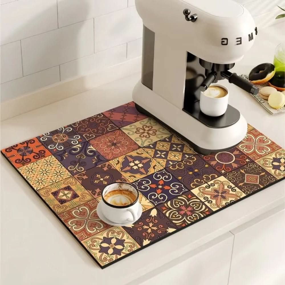 Retro Absorbent Coffee Bar Mat with Non-Slip Rubber Base | 14 Patterns, 2 Sizes | Quick-Dry Spill Control for Counters