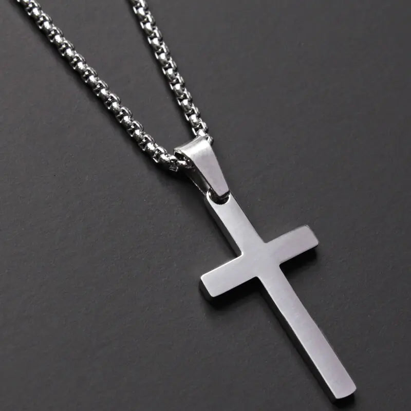 Mens Cross Pendant Necklace in Stainless Steel | Polished Gold or Silver Finish | 24 Inch Chain
