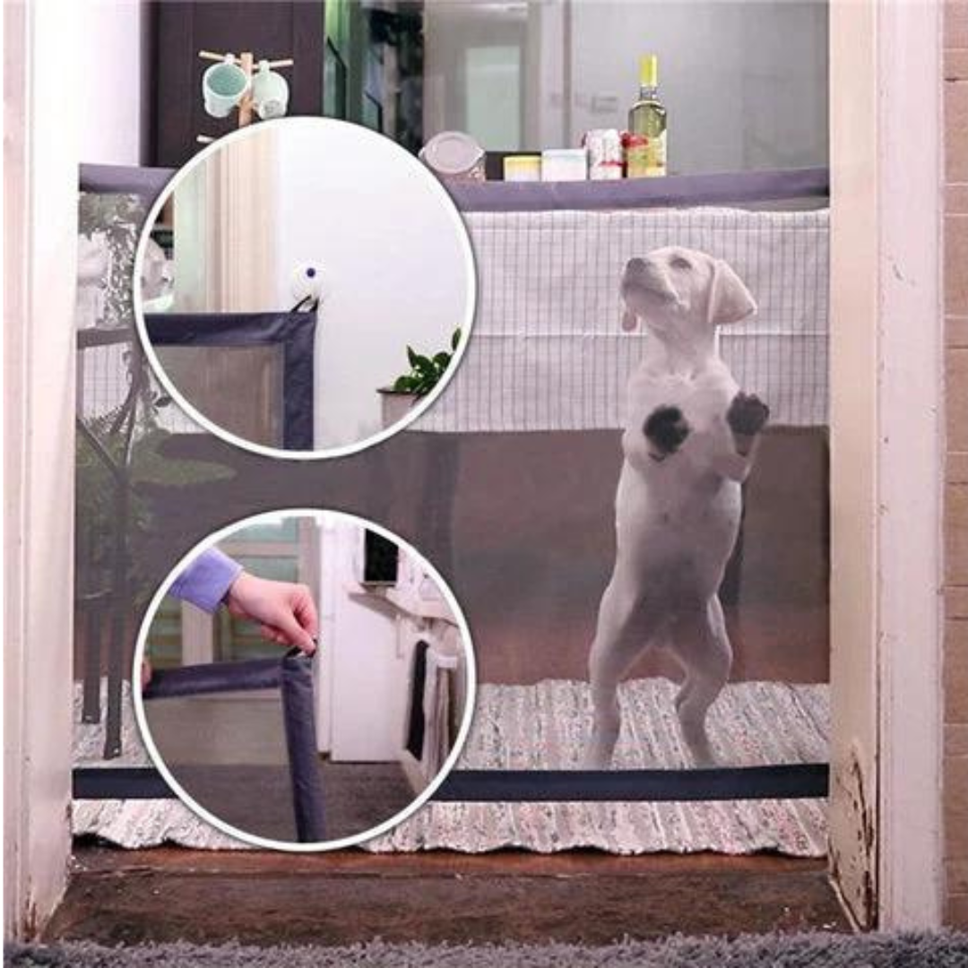 Portable Mesh Pet Gate for Doorways and Stairs | Hangs on Four Adhesive Hooks, No Tools Needed | Two Sizes for Dog or Cat