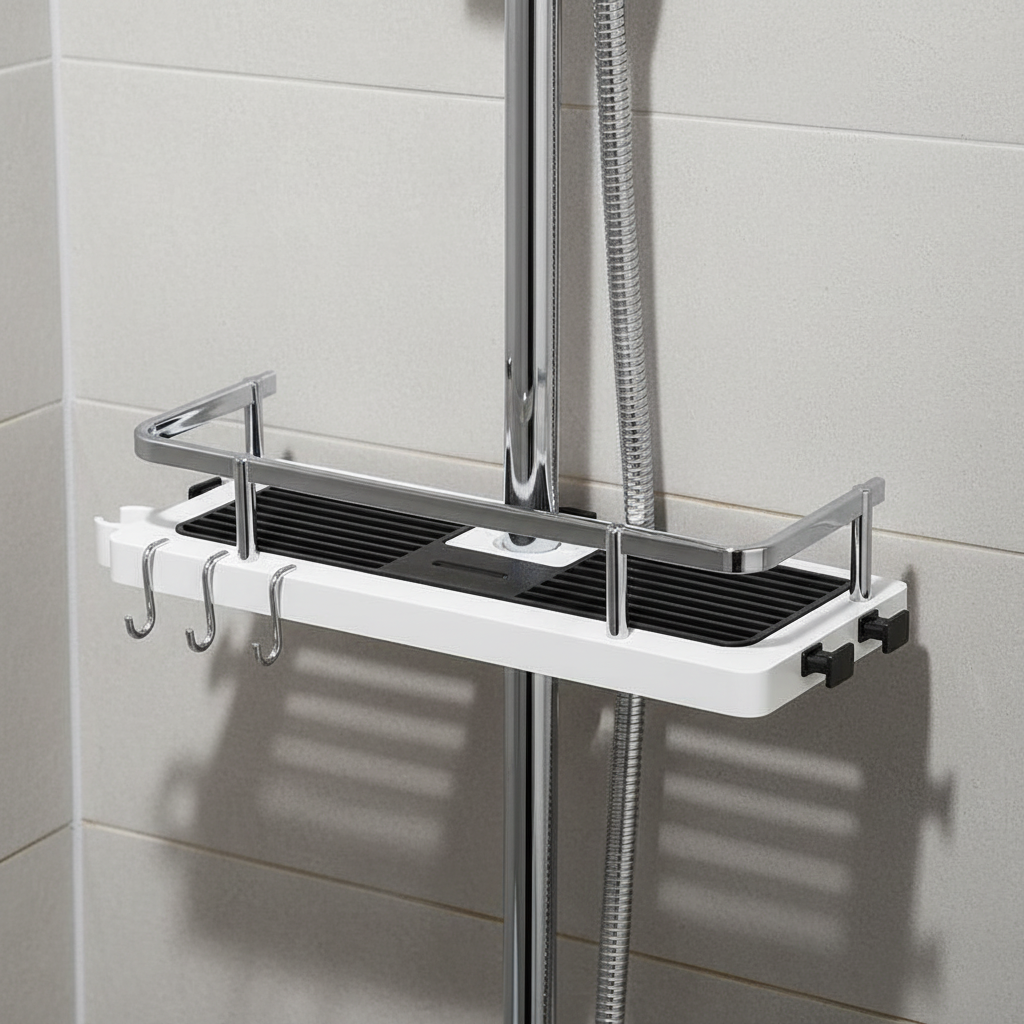 Adjustable Shower Caddy with Drill-Free Clamp Mount | Non-Slip Tray and Reinforced Railing | 3 Hooks for Razors and Sponges