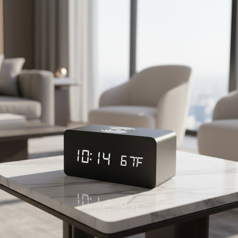 Wooden LED Alarm Clock with Wireless Charging