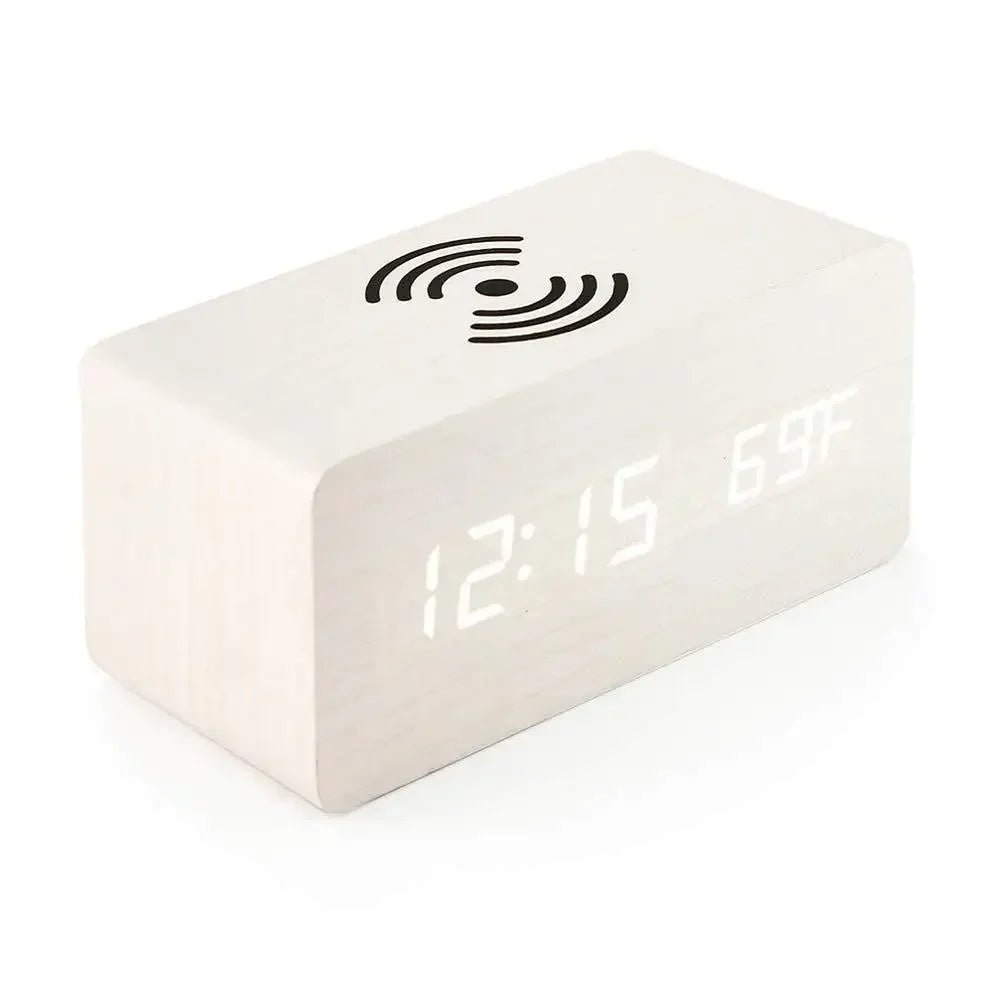 Wooden LED Alarm Clock with Wireless Charging