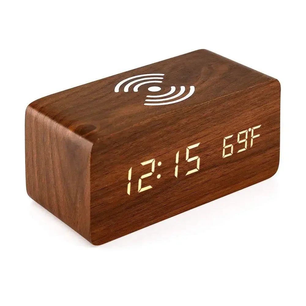 Wooden LED Alarm Clock with Wireless Charging