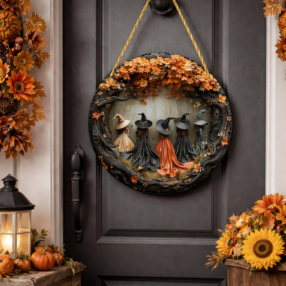 Round wooden witch door sign, design A, with layered cutout figures