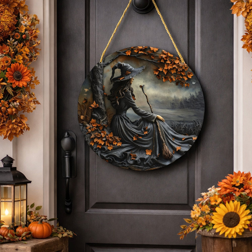 Round wooden witch door sign, design C, with layered cutout figures