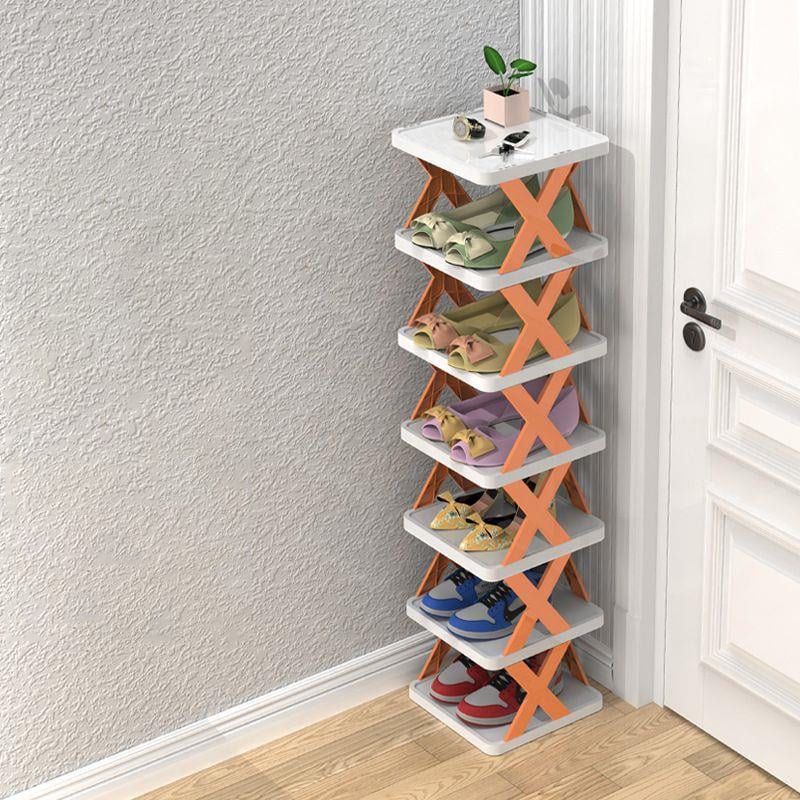 Shoe Rack with Three to Eight Vertical Tiers for Narrow Halls | Side Guards and a Top Shelf | Waterproof PP in Orange, Blue or Green