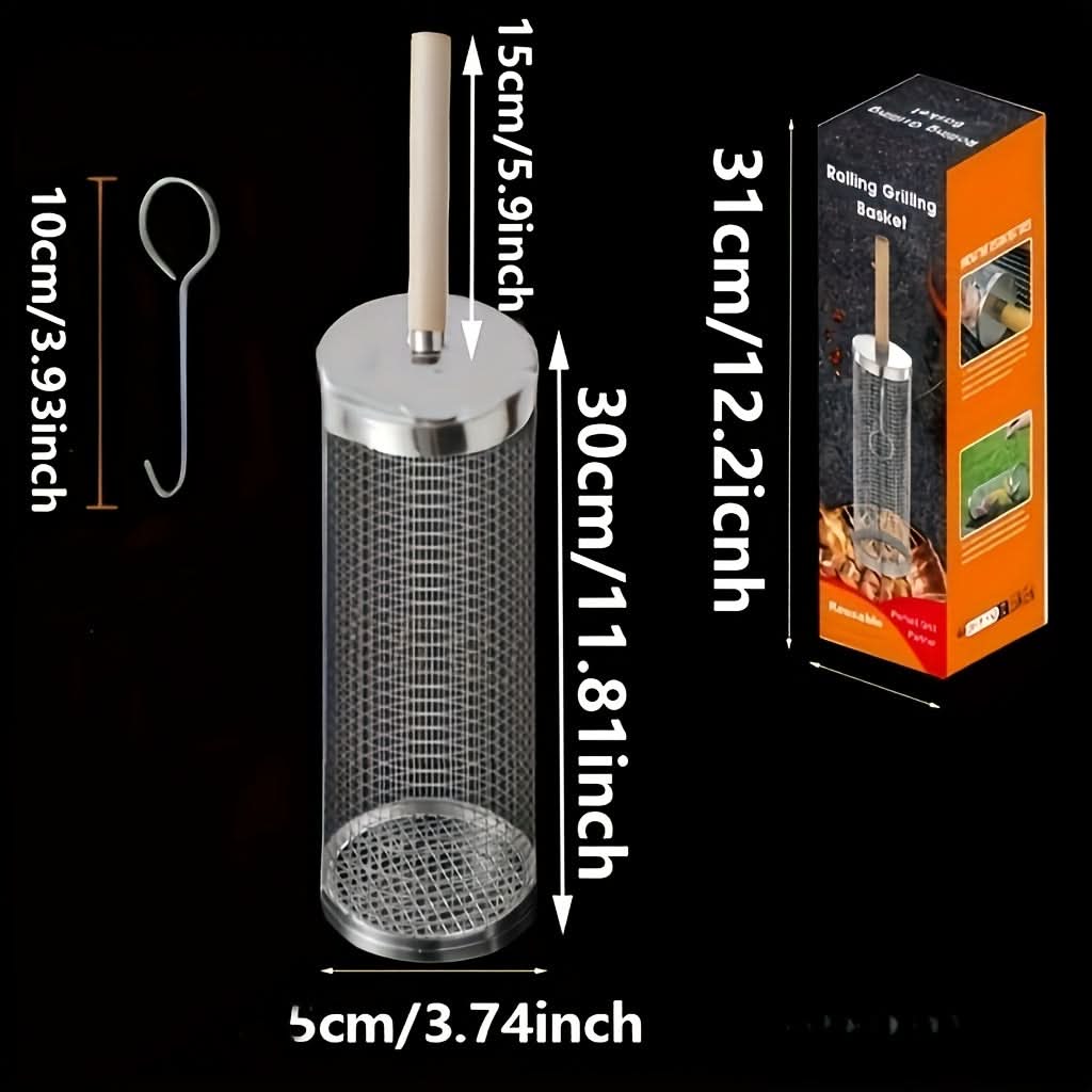 Stainless Steel Rolling Grill Basket with Detachable Handle | 304-Grade Steel | Even-Cook Rotating Design for BBQ