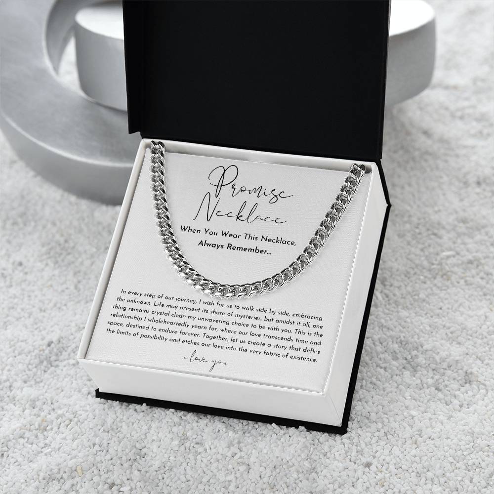 Promise Necklace for Him or Her | Cuban Link Chain in Silver or Gold | Adjustable 18 to 22 Inch with Message Card Gift Box