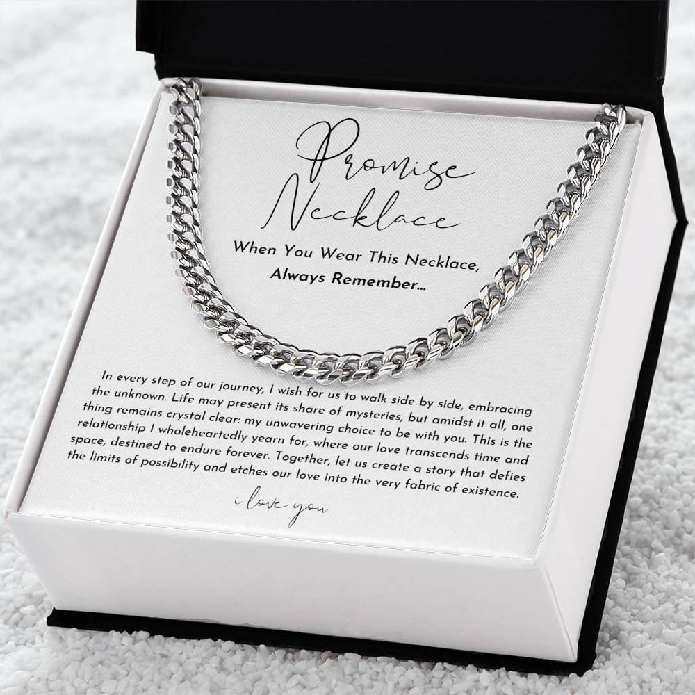 Promise Necklace for Him or Her | Cuban Link Chain in Silver or Gold | Adjustable 18 to 22 Inch with Message Card Gift Box