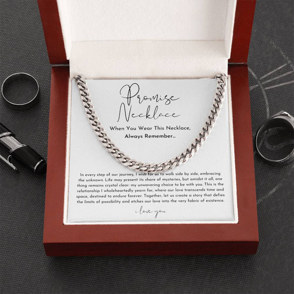 Promise Necklace for Him or Her | Cuban Link Chain in Silver or Gold | Adjustable 18 to 22 Inch with Message Card Gift Box