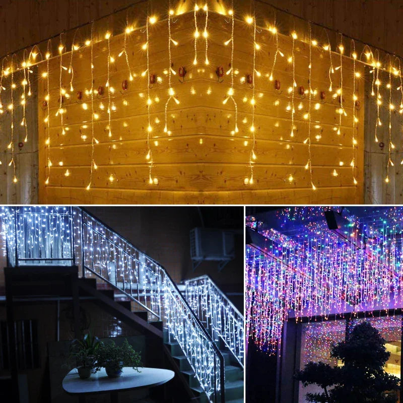 LED Icicle Lights with 15.7 ft Curtain String and 16 to 24 in Drops | IP65 Waterproof Outdoor Decorations | Four Light Colors