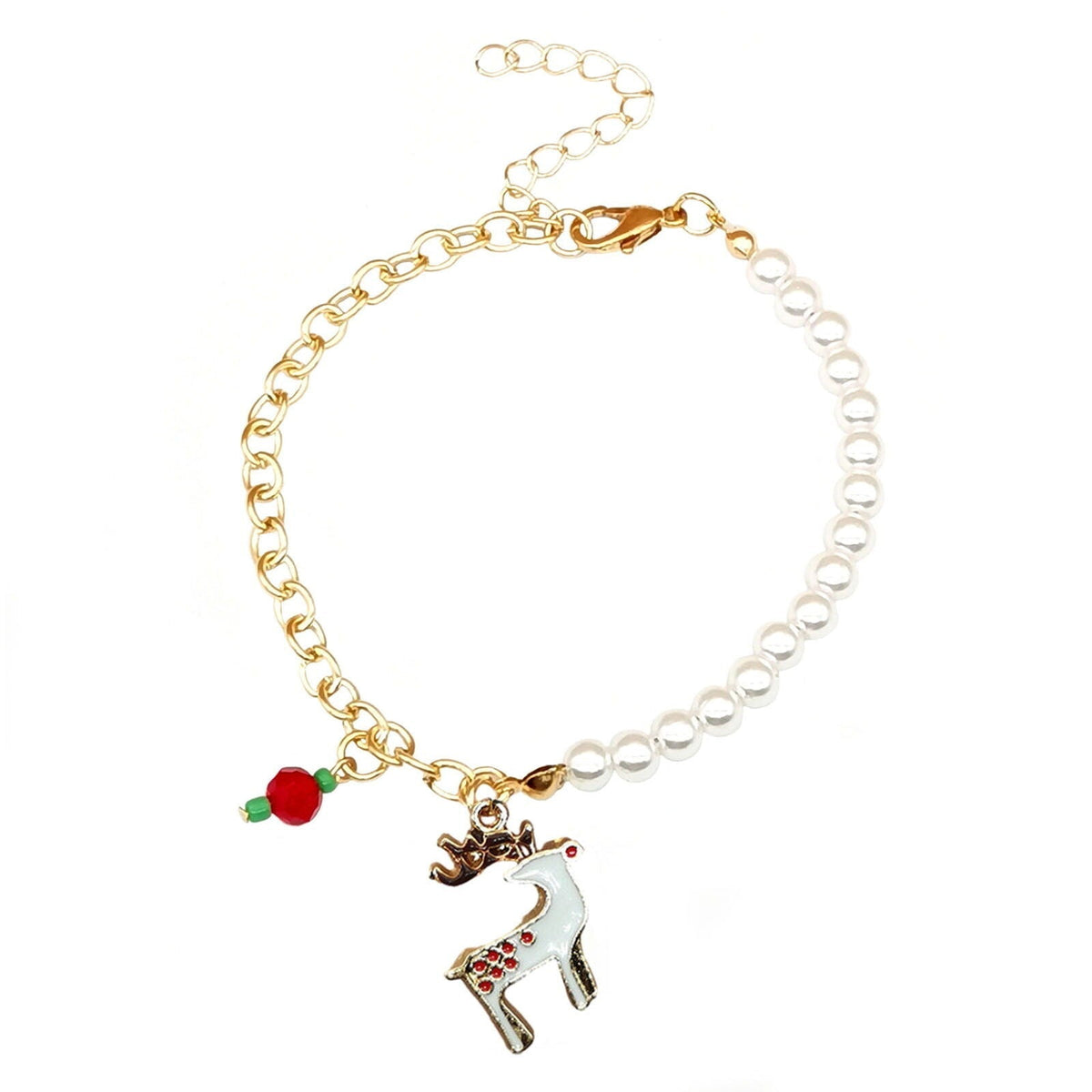 Christmas Charm Bracelet with Pearl Beads | Santa, Reindeer, Snowflake or Bell Styles | Adjustable Festive Jewelry