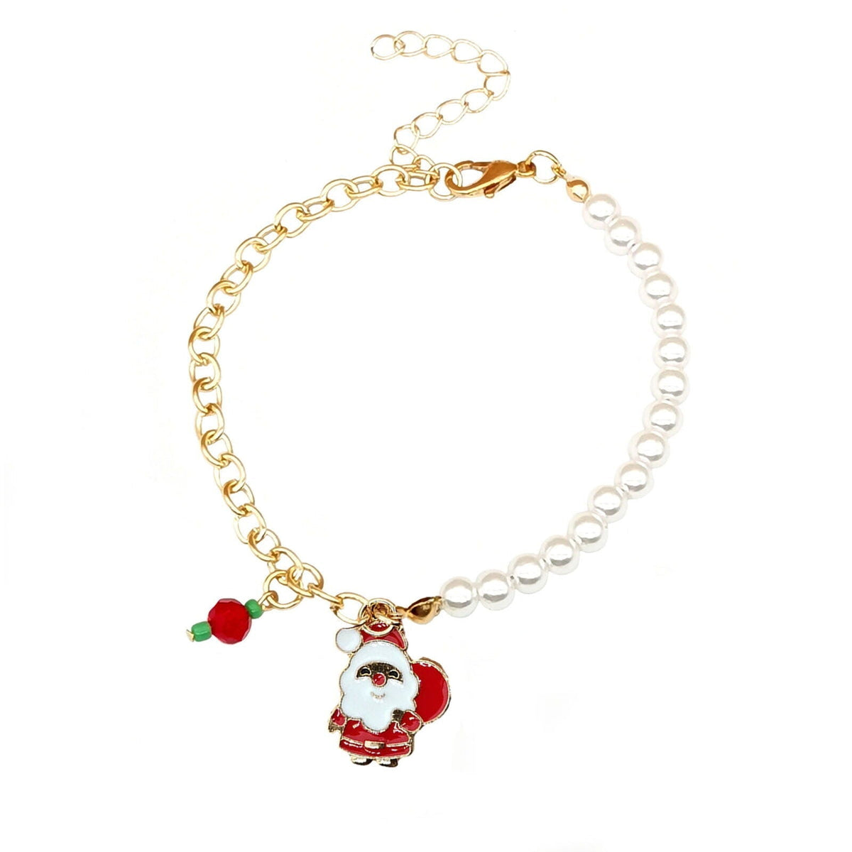 Christmas Charm Bracelet with Pearl Beads | Santa, Reindeer, Snowflake or Bell Styles | Adjustable Festive Jewelry