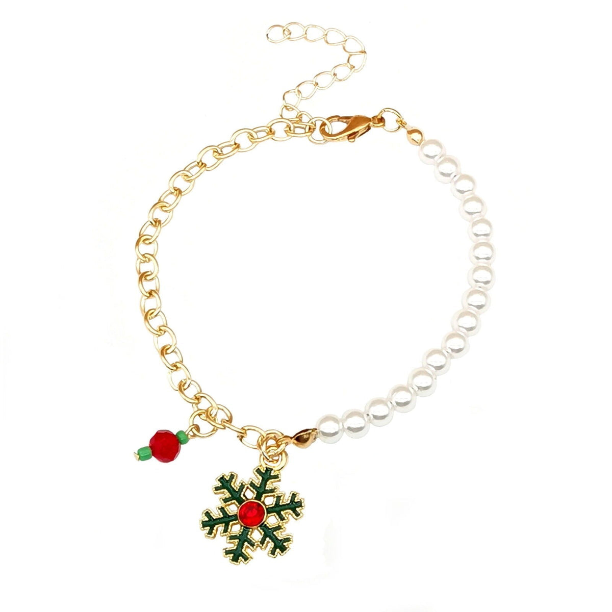 Christmas Charm Bracelet with Pearl Beads | Santa, Reindeer, Snowflake or Bell Styles | Adjustable Festive Jewelry