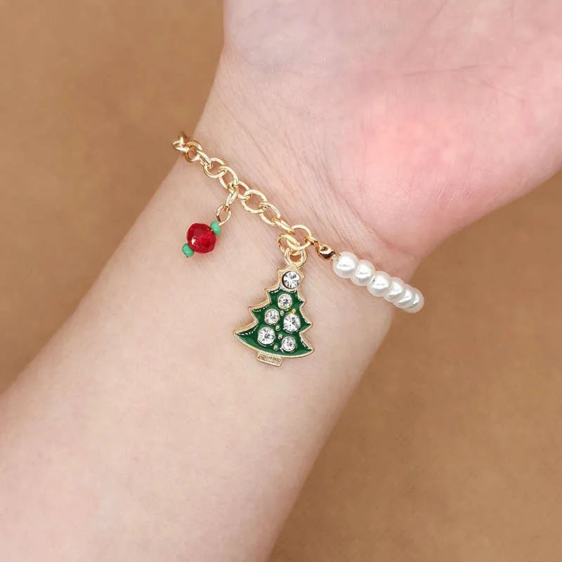 Christmas Charm Bracelet with Pearl Beads | Santa, Reindeer, Snowflake or Bell Styles | Adjustable Festive Jewelry
