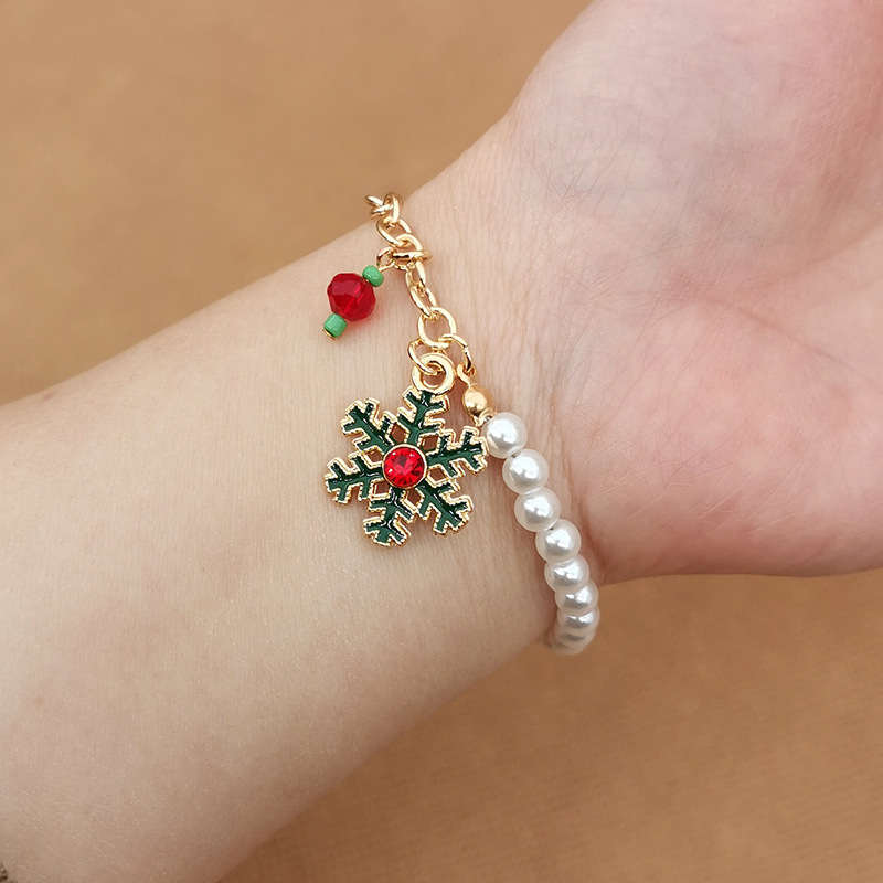 Christmas Charm Bracelet with Pearl Beads | Santa, Reindeer, Snowflake or Bell Styles | Adjustable Festive Jewelry