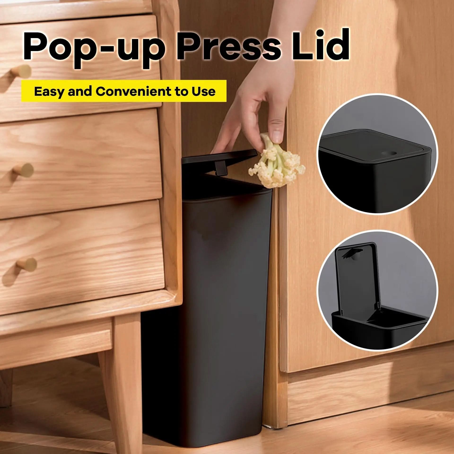 Slim Press-Top Trash Can 10L (2.6 Gal) | Durable ABS, 9.4 x 6.3 x 11.6 In | 1 or 2-Pack, 3 Colors | Odor-Sealing Lid for Any Room