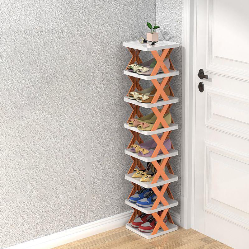 Shoe Rack with Three to Eight Vertical Tiers for Narrow Halls | Side Guards and a Top Shelf | Waterproof PP in Orange, Blue or Green