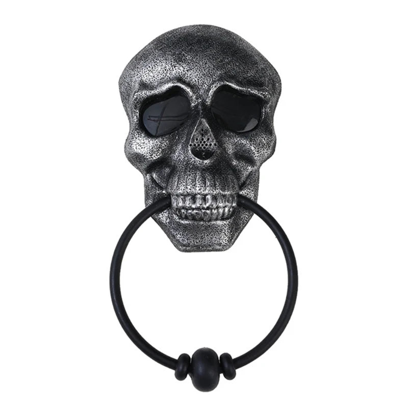 Halloween skeleton head door knocker in a silver finish