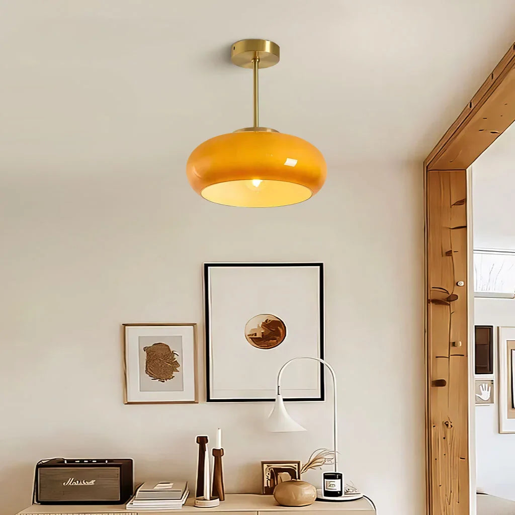 Vintage Glass Ceiling Light Brass Semi Flush