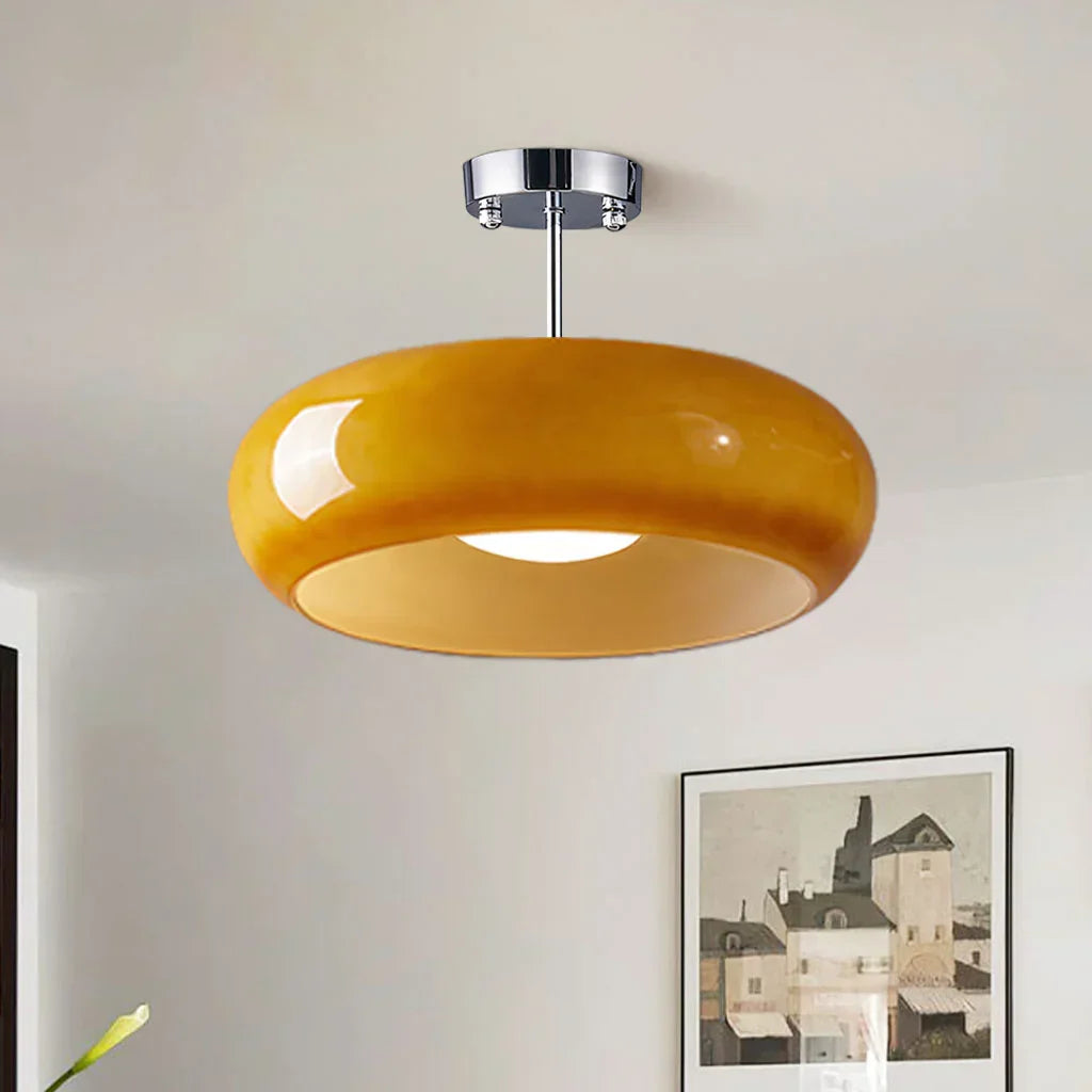 Vintage Glass Ceiling Light Brass Semi Flush