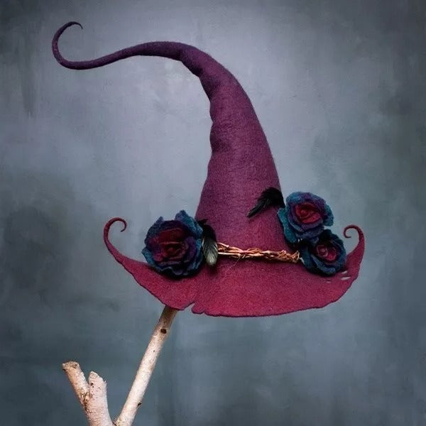 Rose purple hand-felted merino wool witch hat for Halloween costumes