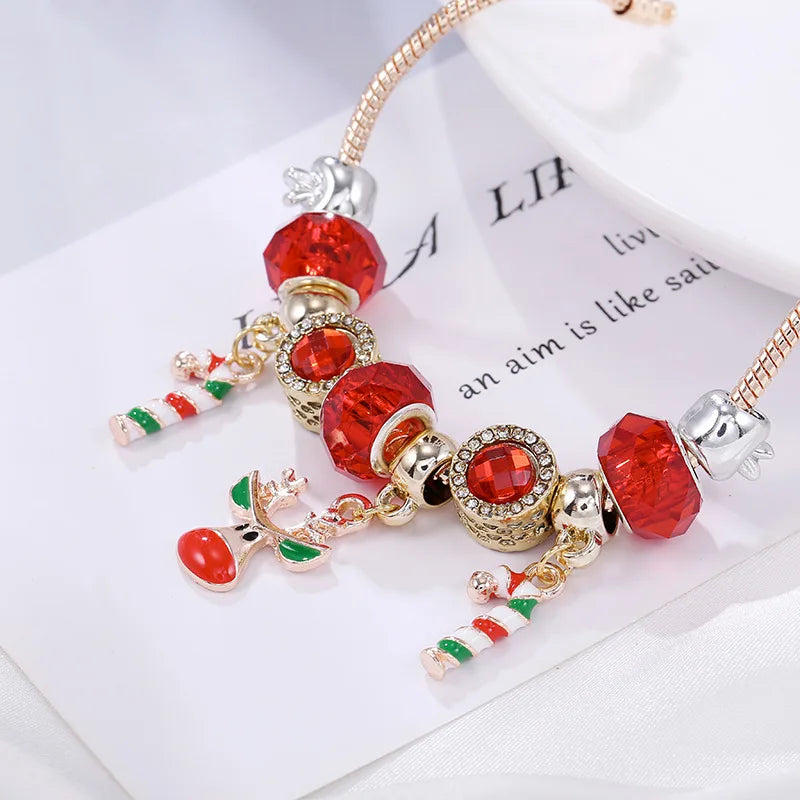 Christmas Candy Cane Bracelet with Reindeer or Tree Charm | Silver-Plated Adjustable Festive Jewelry | Lobster Clasp