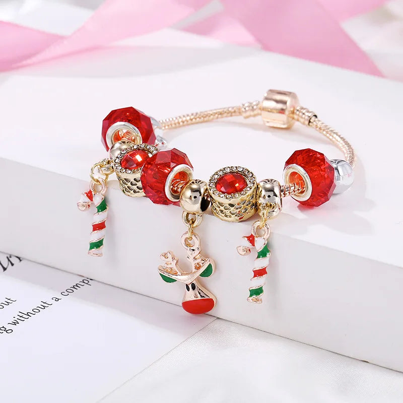 Christmas Candy Cane Bracelet with Reindeer or Tree Charm | Silver-Plated Adjustable Festive Jewelry | Lobster Clasp